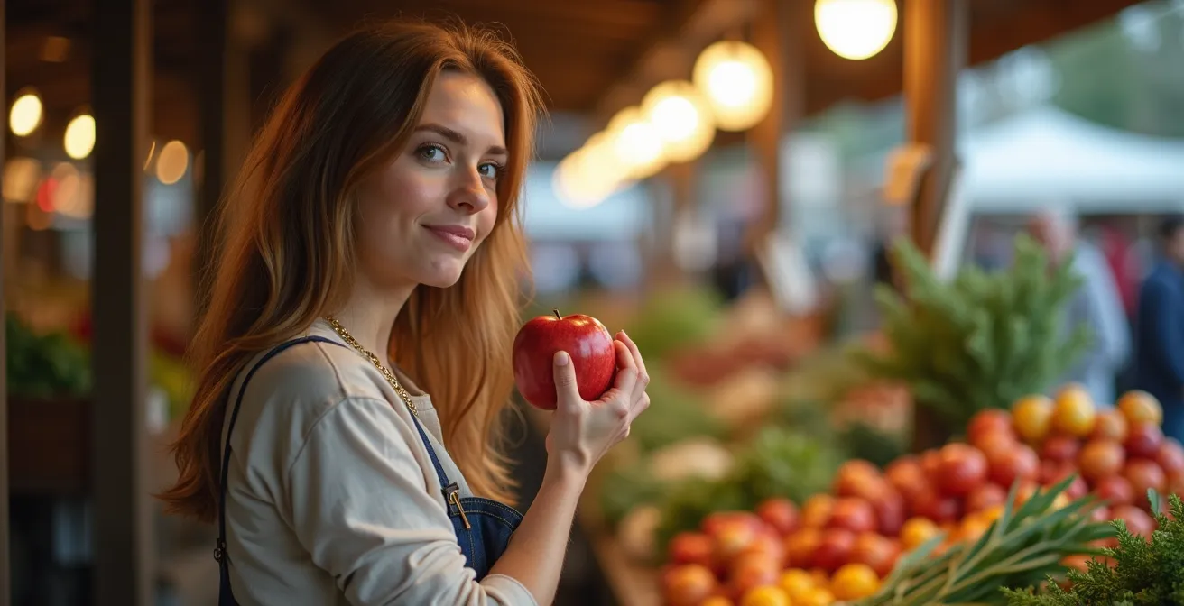 Eine Frau sitzt entspannt am Wochenmarkt und isst einen Apfel, mit frischen Gemüse und Kräutern ringsum.