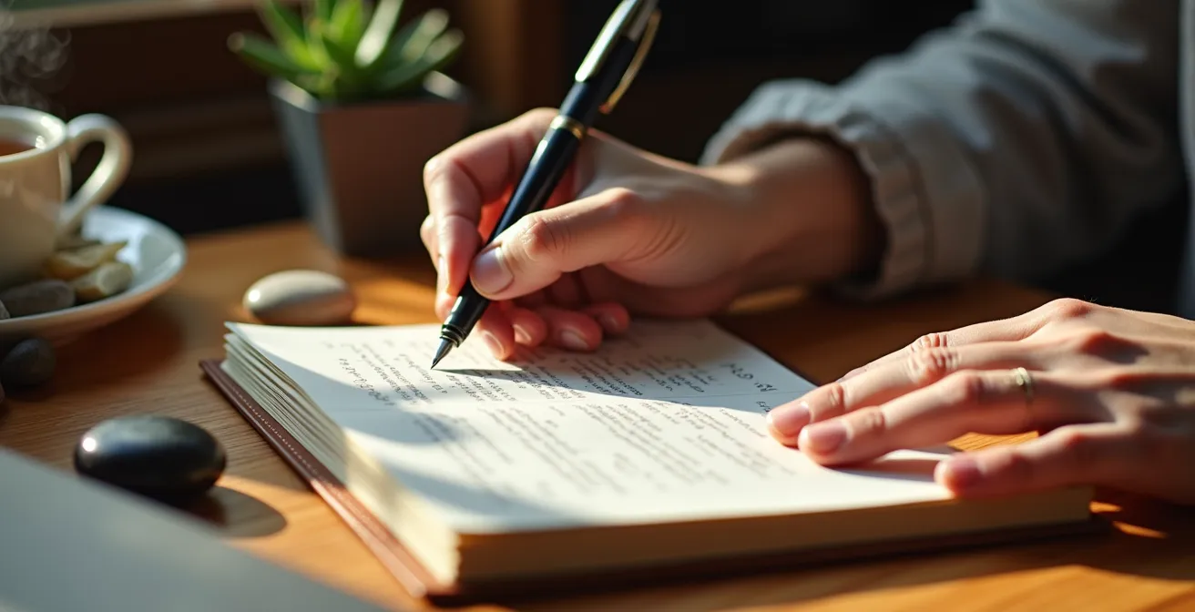 Nahaufnahme von Händen, die Notizen in ein Tagebuch schreiben, umgeben von beruhigenden Elementen