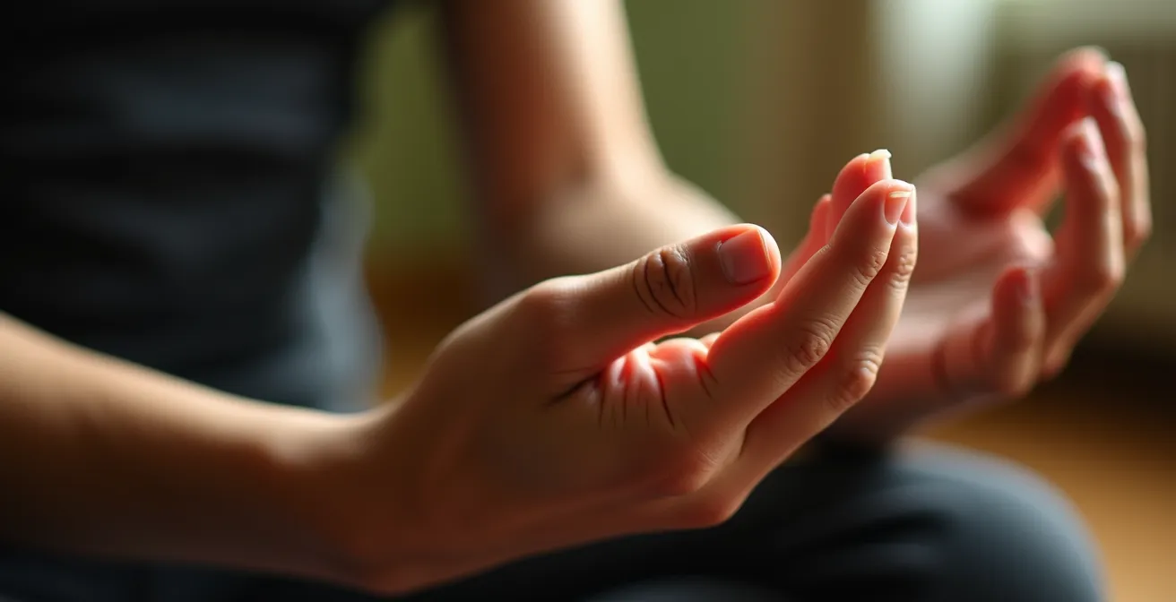 Person in meditativer Dehnhaltung mit geschlossenen Augen in ruhiger Umgebung