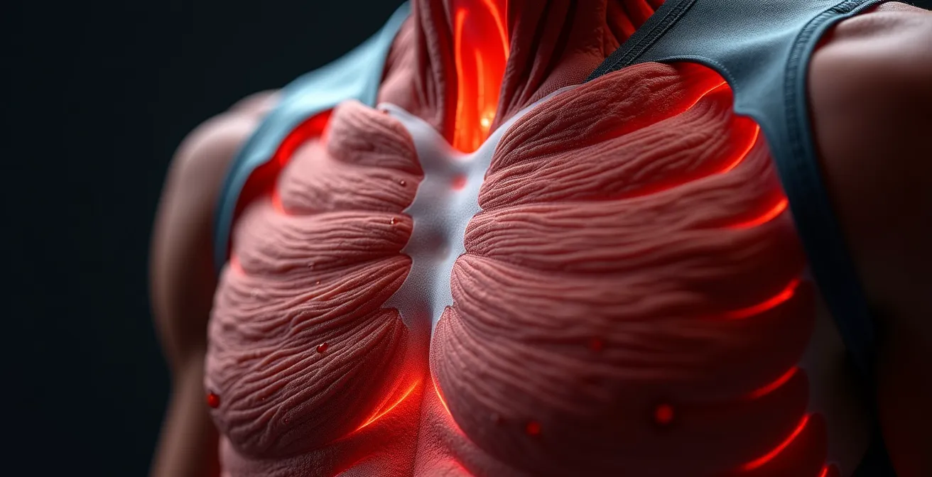 Makroaufnahme der Atemmuskulatur während intensiver Atmung mit sichtbaren Muskelfasern