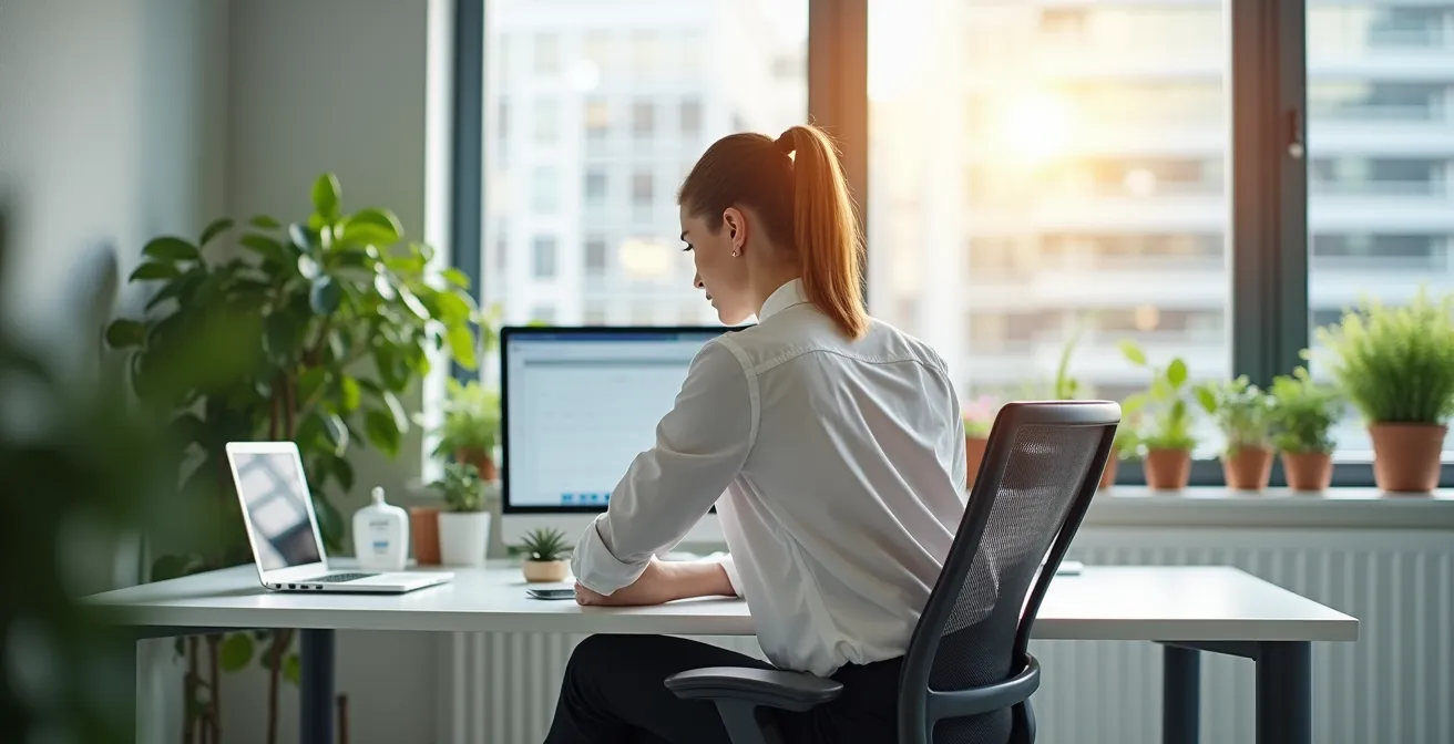 Geschäftsfrau führt sanfte Rückendehnung am modernen Büroarbeitsplatz durch