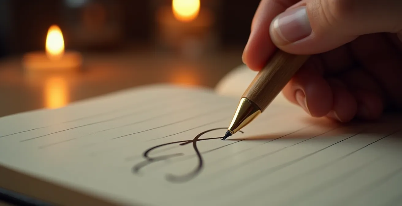 Nahaufnahme einer Hand, die in einem Notizbuch schreibt, mit warmem Kerzenlicht im Hintergrund