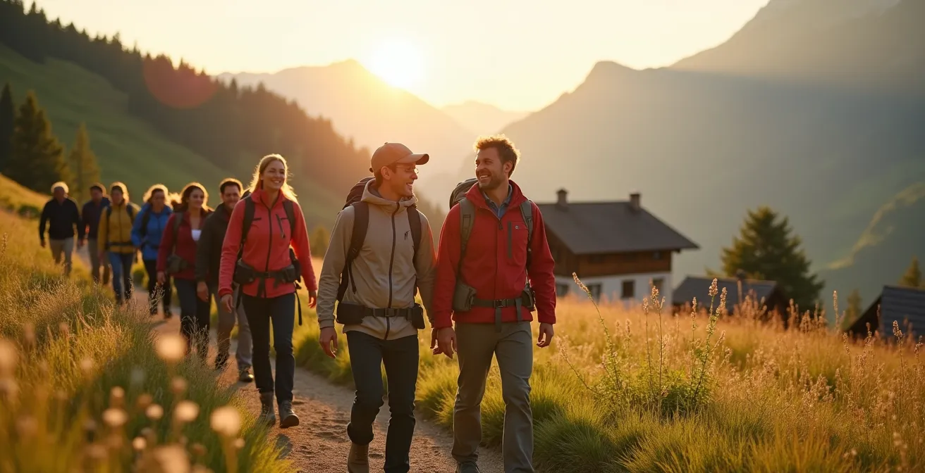 Weitwinkelaufnahme einer diversen Gruppe beim gemeinsamen Wandern in deutscher Landschaft