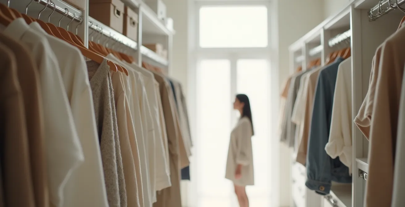 Minimalistische Garderobe mit sorgfältig kuratierten Kleidungsstücken in neutralen Tönen
