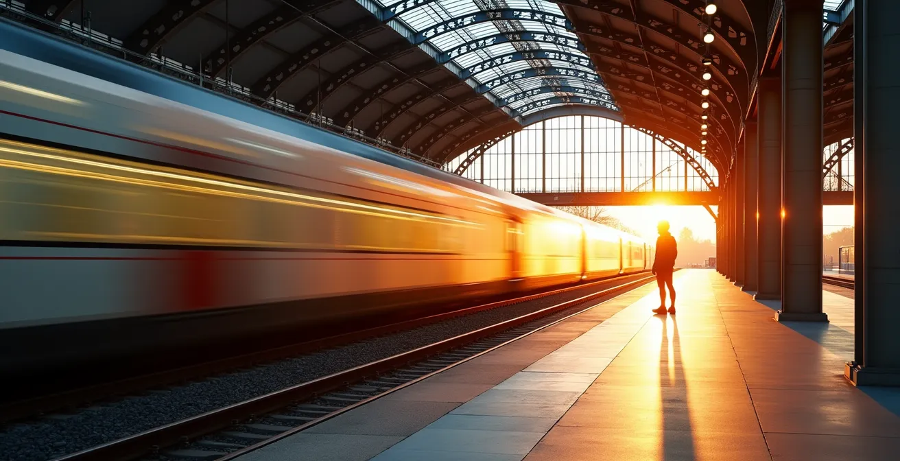 Visuelle Metapher eines Bahnhofs zur Darstellung der Gedankenbeobachtung in der Meditation