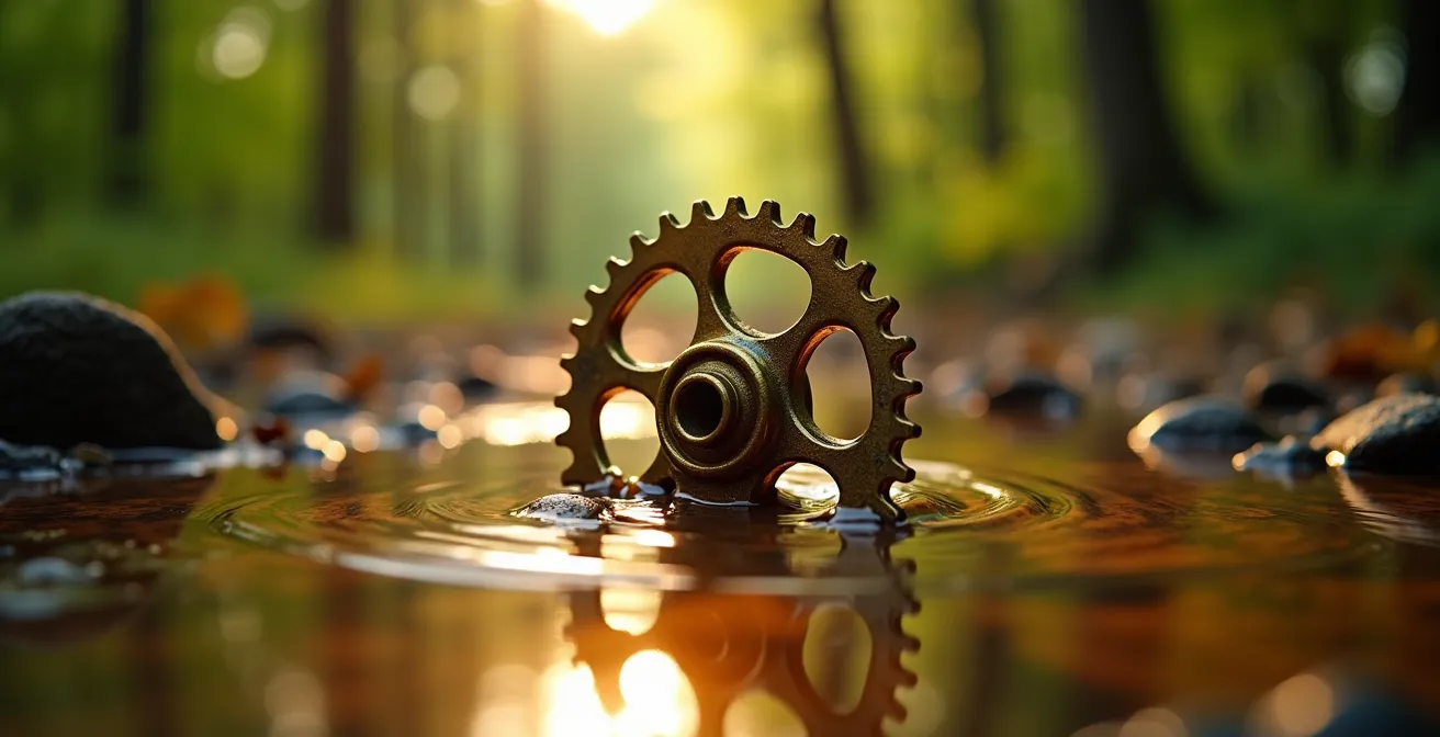 Symbolische Darstellung des Bewegungskreislaufs bei Arthrose mit einem geölten Zahnrad