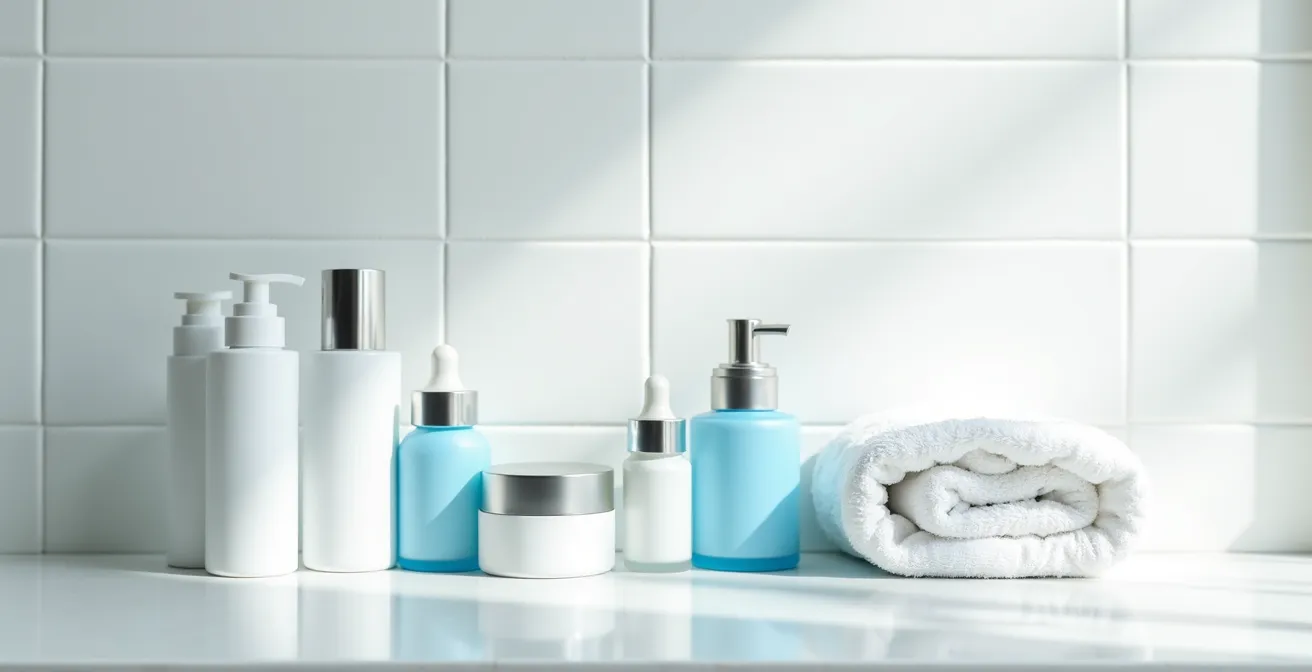 Apothekenprodukte für die Nachsorge nach chemischem Peeling arrangiert