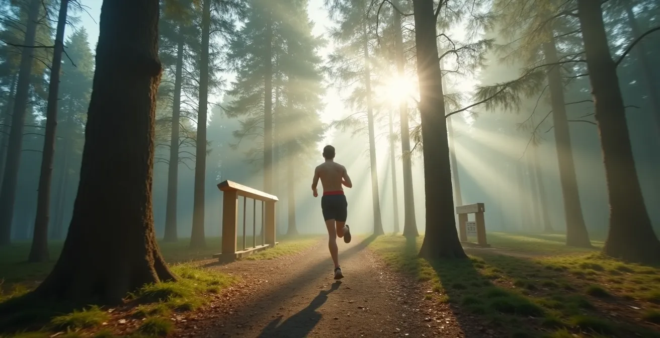 Athlet beim Sprint-Intervalltraining auf einem deutschen Trimm-Dich-Pfad im Wald