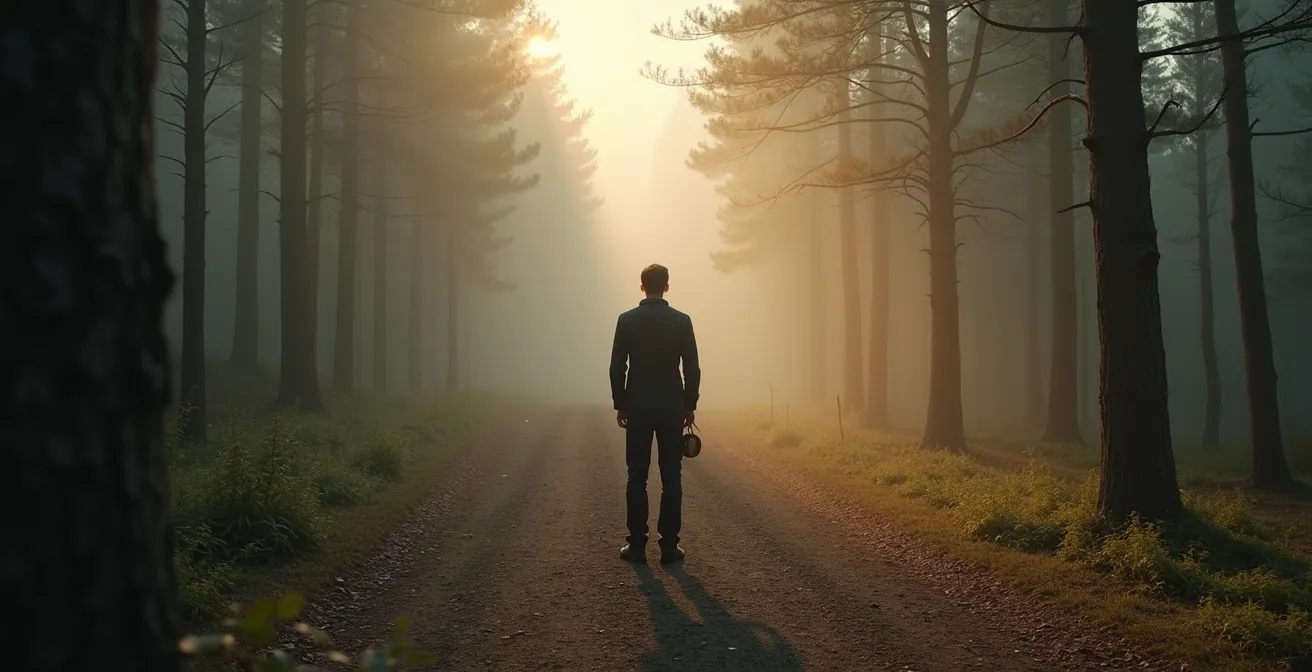 Weitwinkelaufnahme einer Person auf einem Waldweg in deutscher Landschaft mit Kompass in der Hand