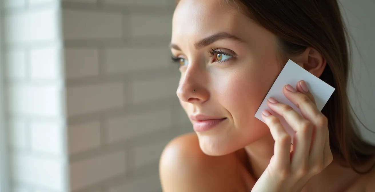 Eine Frauenhand hält sanft ein Löschpapier gegen die Wange, um den Hautzustand zu analysieren.