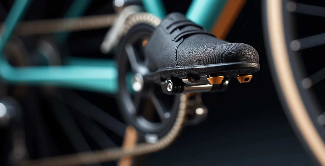 Detailaufnahme eines Fahrradpedals in Bewegung mit perfekter Trittfrequenz