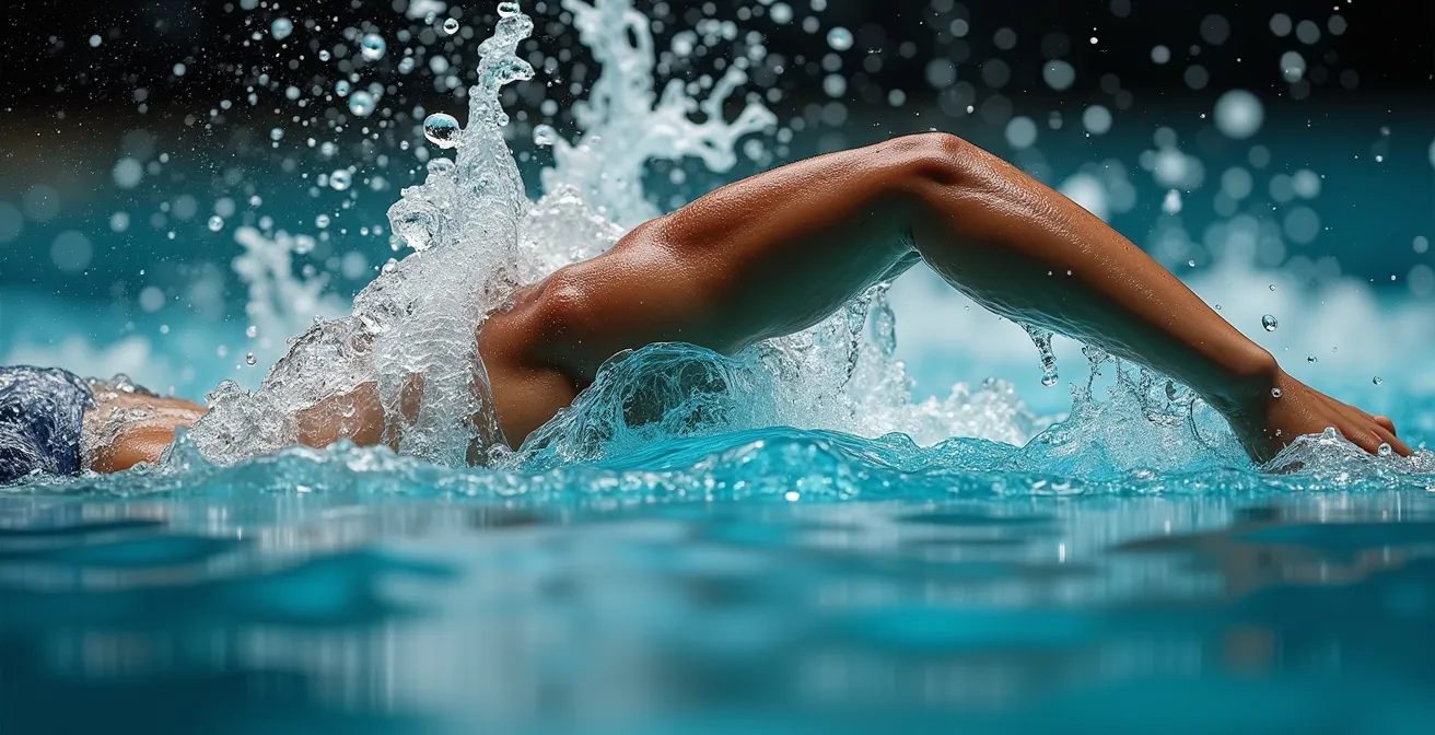 Makroaufnahme von Wasserbewegungen und Muskelspannung beim Schwimmzug