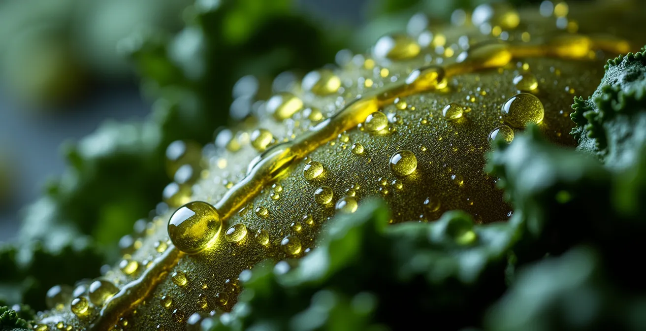 Detailaufnahme von mineralstoffreichen Lebensmitteln wie Blattgemüse und einem Glas Mineralwasser, die die Muskelgesundheit unterstützen