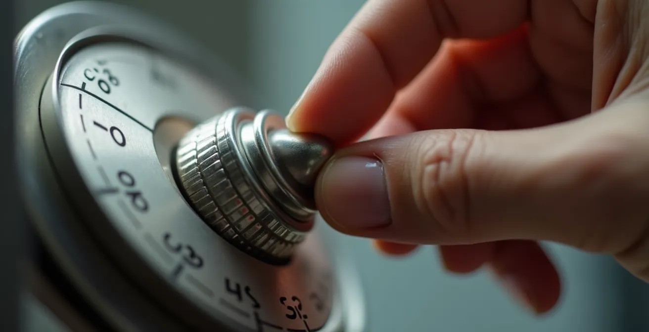 Nahaufnahme einer Hand, die einen analogen Timer auf 25 Minuten stellt, umgeben von verschwommenen Büromaterialien