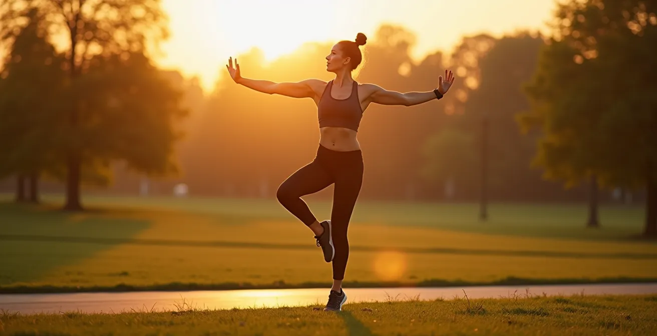 Läufer führt Hüftstärkungsübung auf einer Wiese in einem Park aus