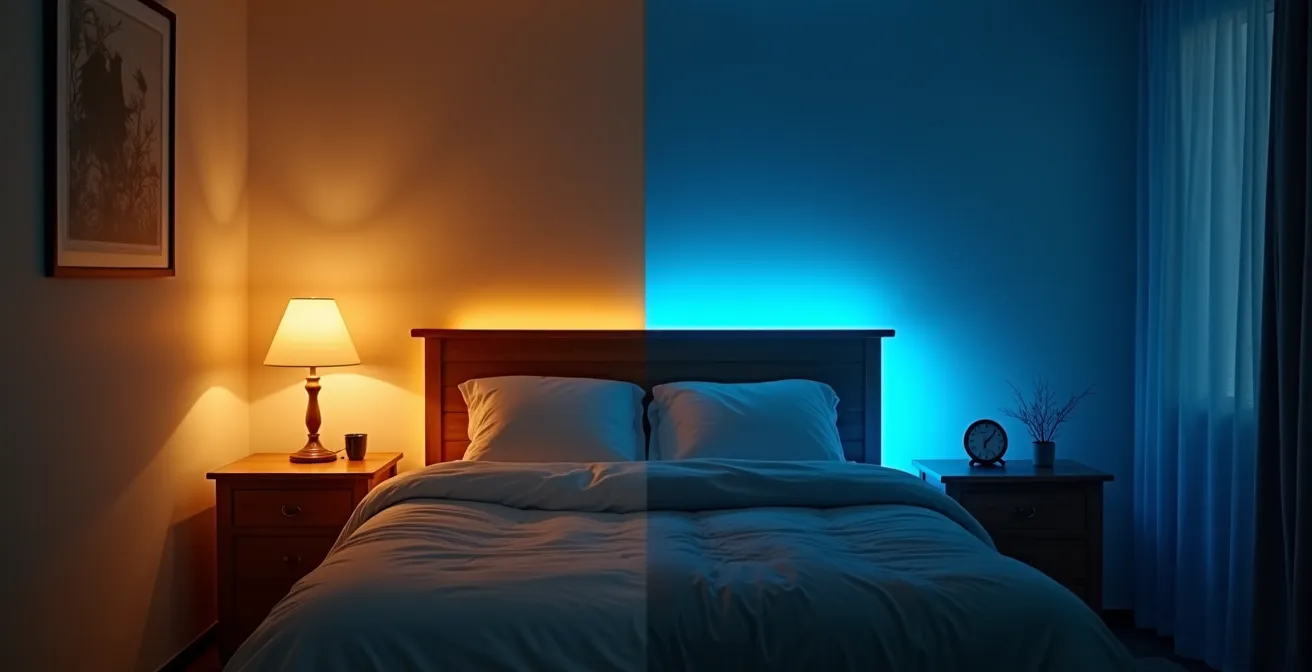 Die versteckten Feinde des erholsamen Schlafs, dargestellt durch den Kontrast von warmem und kaltem Licht in einem Schlafzimmer.