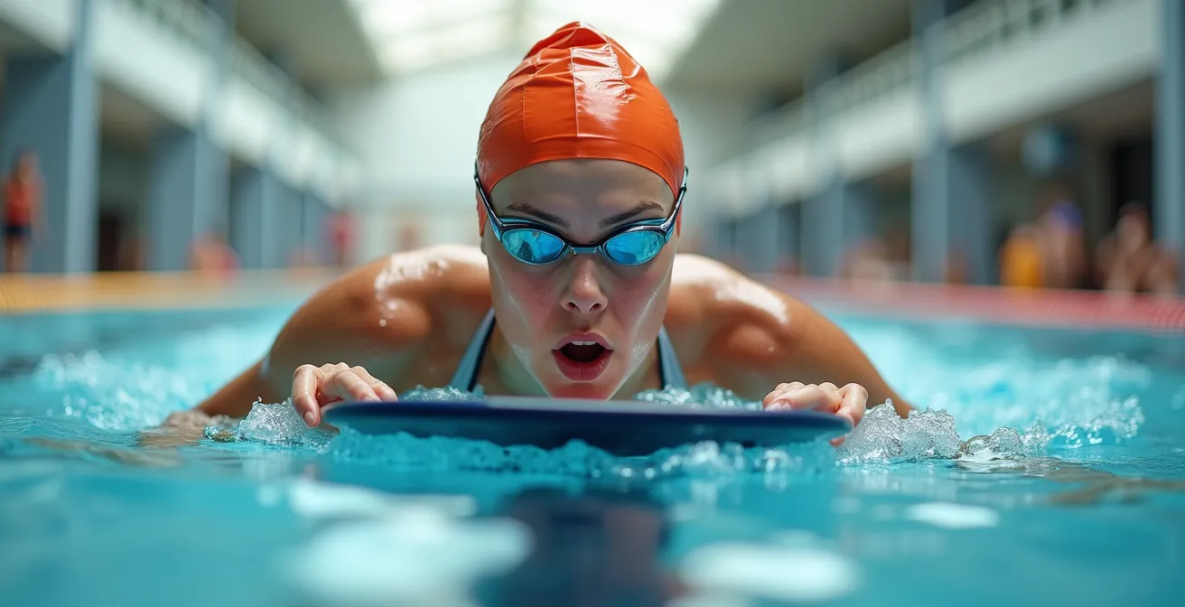 Schwimmer übt perfekte horizontale Wasserlage mit Schwimmbrett im Hallenbad