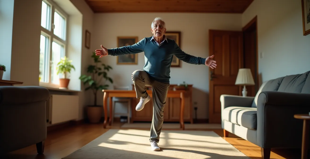 Entschlossener Senior beim Gleichgewichtstraining auf einem Bein in seiner häuslichen Umgebung, was Unabhängigkeit symbolisiert