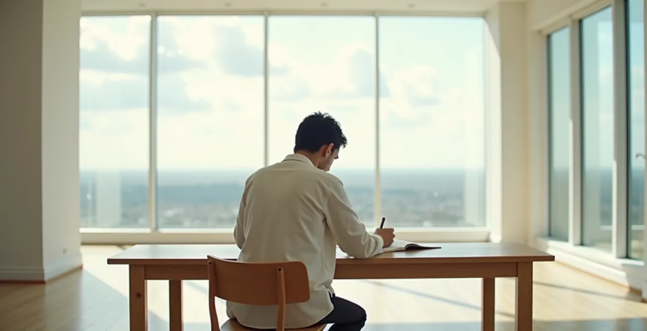 Weitwinkelaufnahme einer Person in meditativer Konzentration beim Schreiben, umgeben von ruhigem, minimalistischem Raum