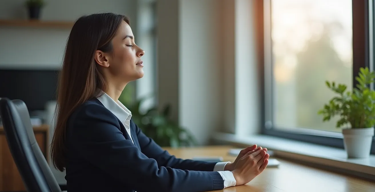Eine Person in einem modernen deutschen Büro, die einen Moment der Selbstreflexion zur Stressbewältigung nutzt.