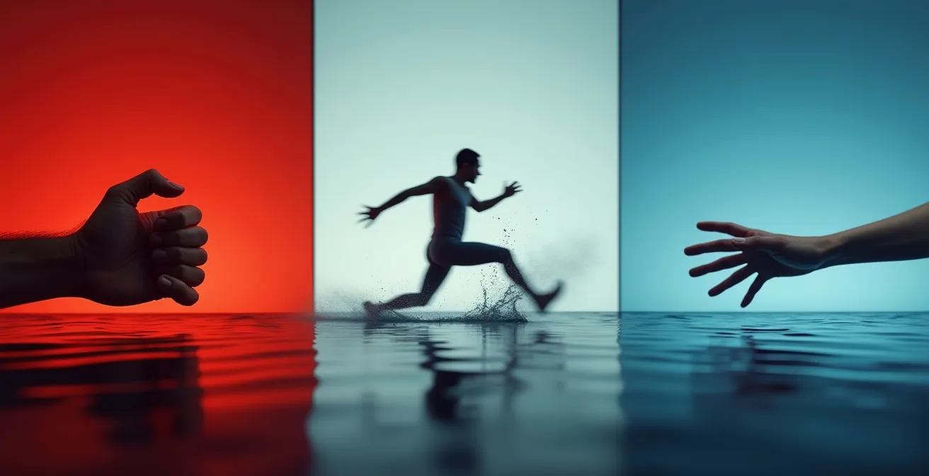 Symbolische Darstellung drei verschiedener Stressreaktionen durch abstrakte Körperhaltungen und Energiefluss