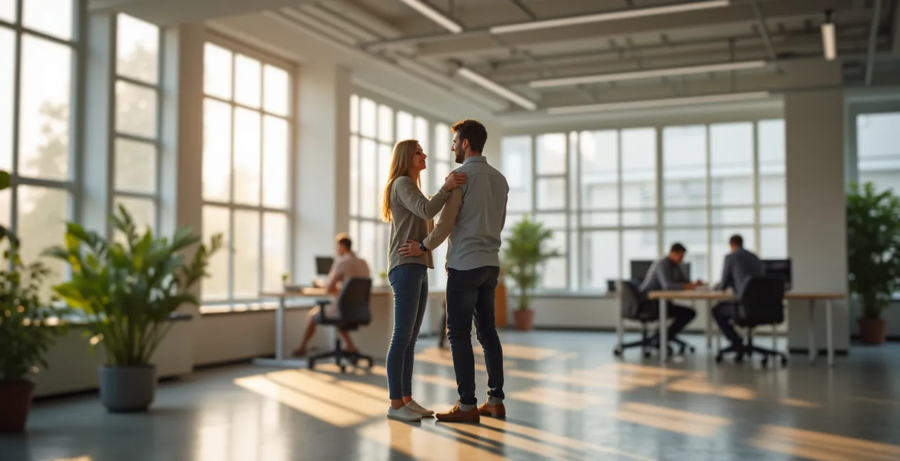 Kollegen im modernen Büro teilen einen Moment der Wertschätzung bei natürlichem Tageslicht