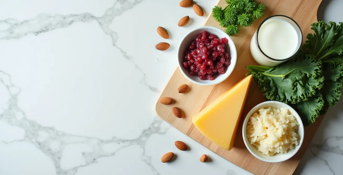 Stillleben mit kalziumreichen deutschen Lebensmitteln wie Käse, Grünkohl und Milch sowie Nahrungsergänzungsmitteln
