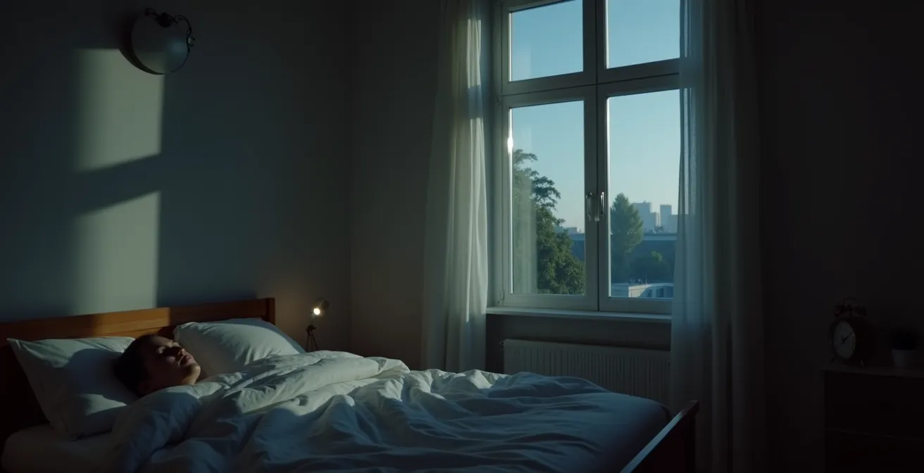 Nächtliche Hautregeneration dargestellt durch ruhende Person in deutschem Schlafzimmer